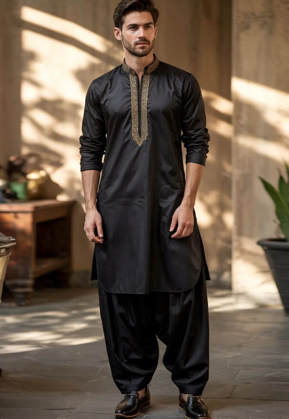 Embroidered Trim Pure Cotton Kurta Set in Black