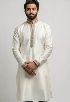 Embroidered Trim Pure Cotton Kurta in White