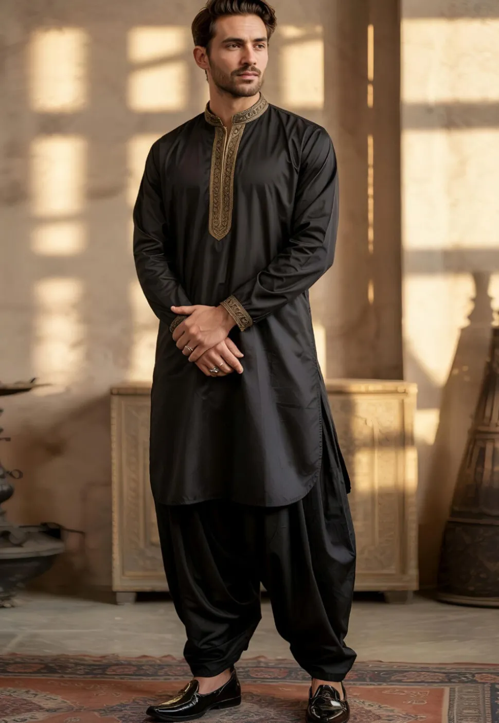Embroidered Trim Pure Cotton Kurta Set in Black