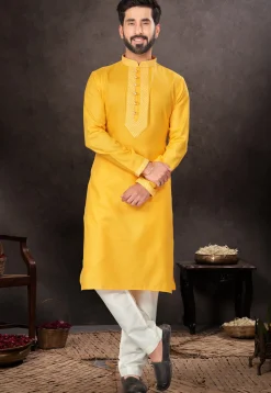 Embroidered Trims Cotton Kurta Set in Orange