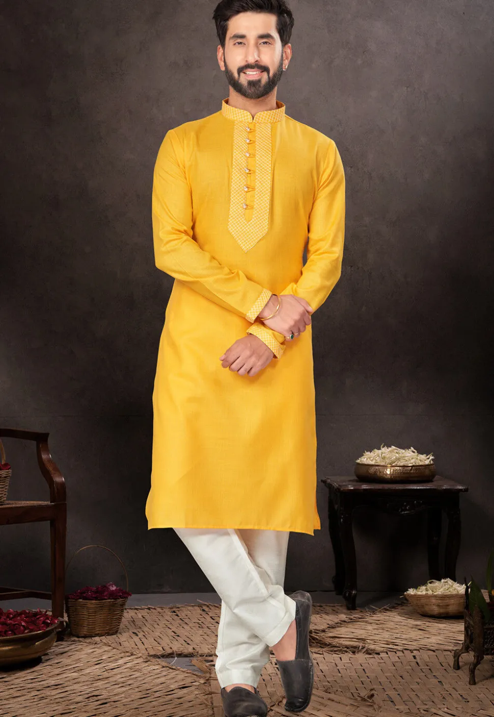 Embroidered Trims Cotton Kurta Set in Orange