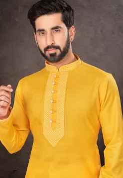 Embroidered Trims Cotton Kurta Set in Orange