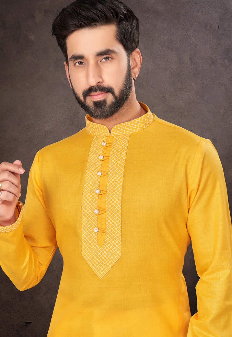 Embroidered Trims Cotton Kurta Set in Orange