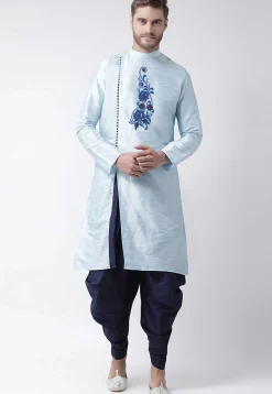 Embroidered Trims Dupion Silk Dhoti Kurta in Light Blue