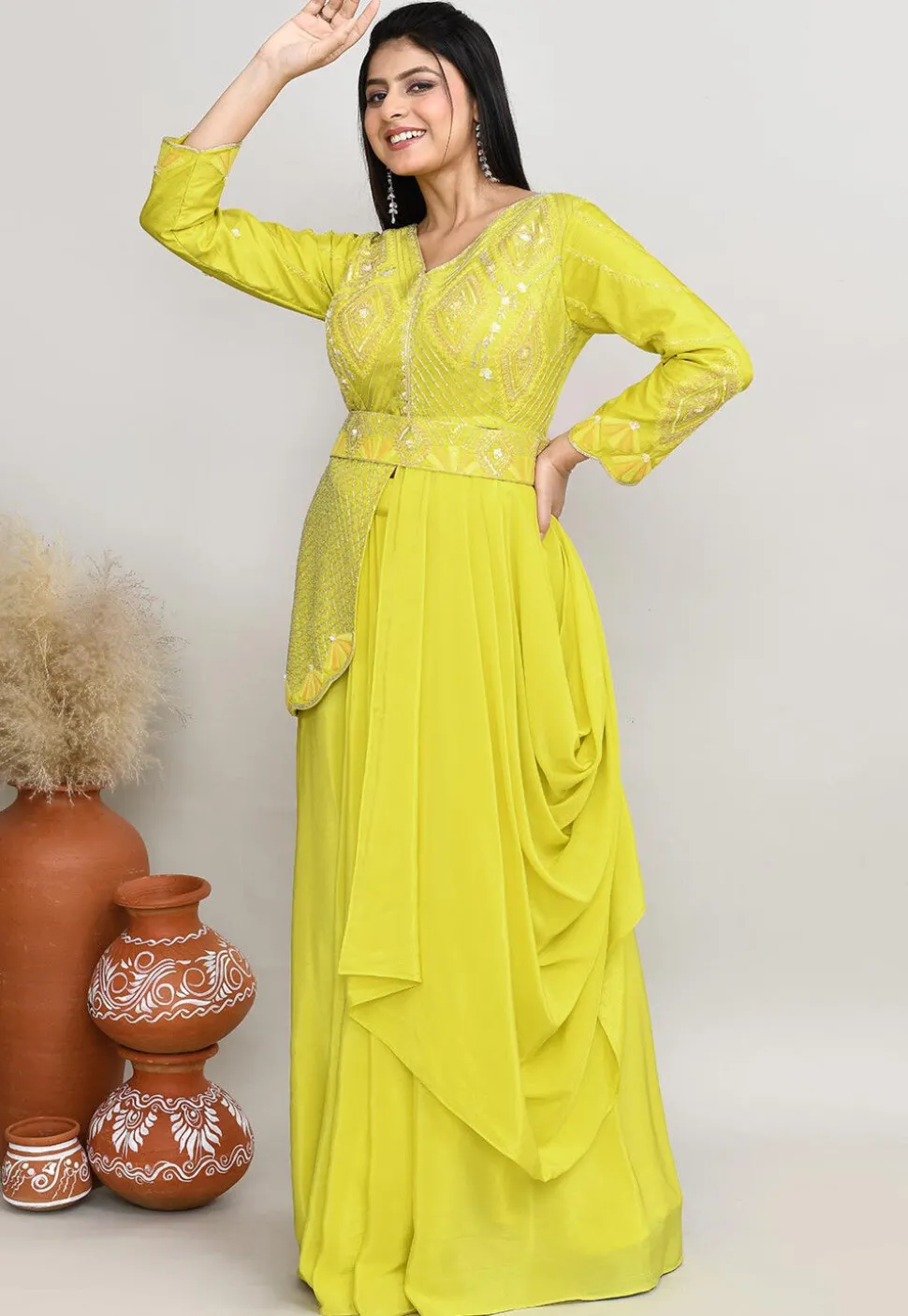Embroidered Tussar Silk Asymmetric Tunic Set in Yellow