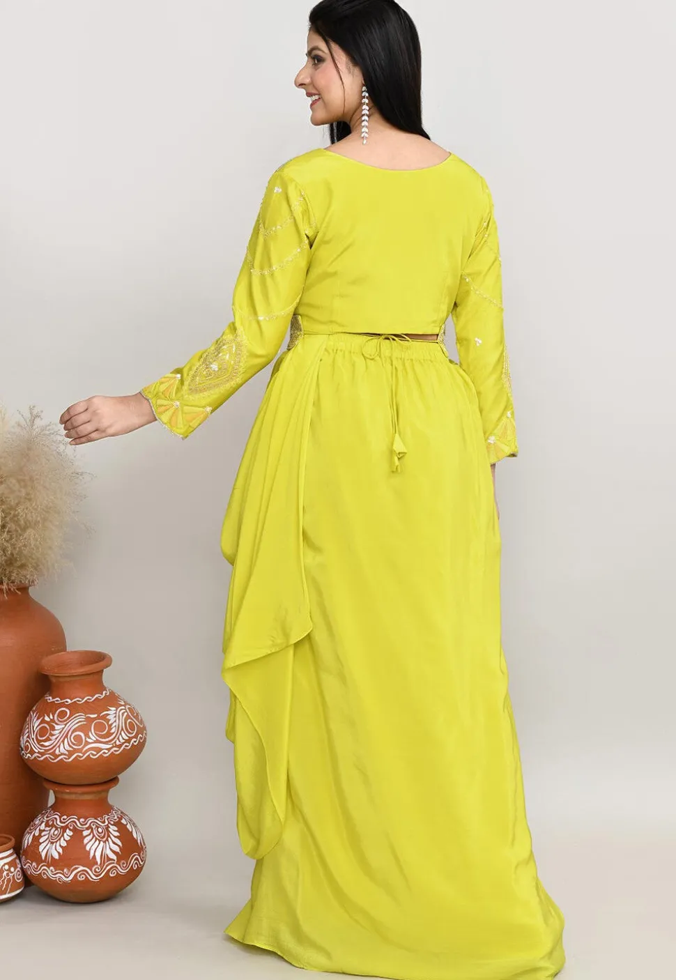 Embroidered Tussar Silk Asymmetric Tunic Set in Yellow