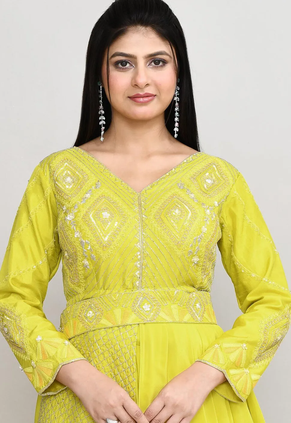 Embroidered Tussar Silk Asymmetric Tunic Set in Yellow
