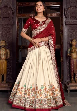 Embroidered Tussar Silk Lehenga in Off White