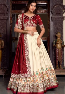 Embroidered Tussar Silk Lehenga in Off White