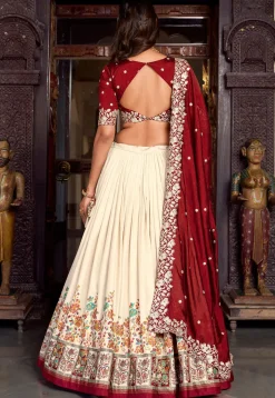 Embroidered Tussar Silk Lehenga in Off White