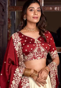 Embroidered Tussar Silk Lehenga in Off White