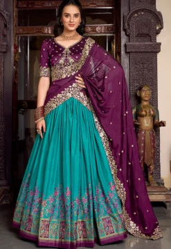 Embroidered Tussar Silk Lehenga in Teal Green