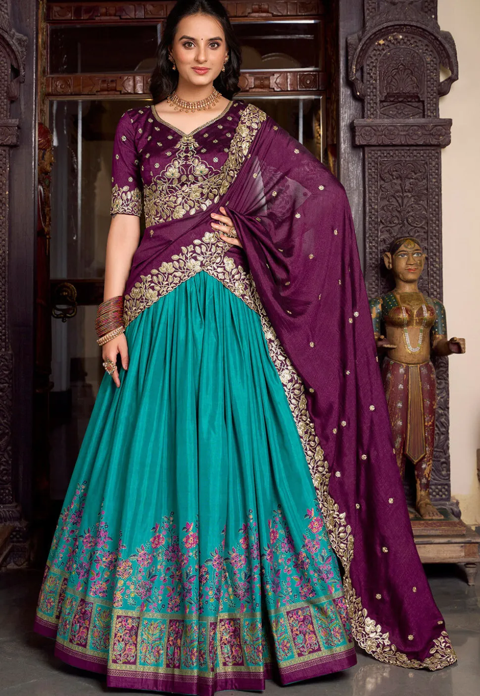 Embroidered Tussar Silk Lehenga in Teal Green
