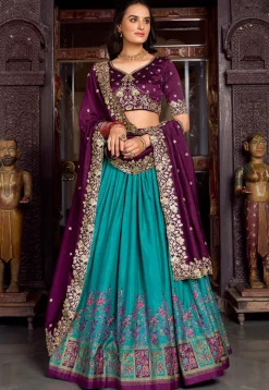 Embroidered Tussar Silk Lehenga in Teal Green