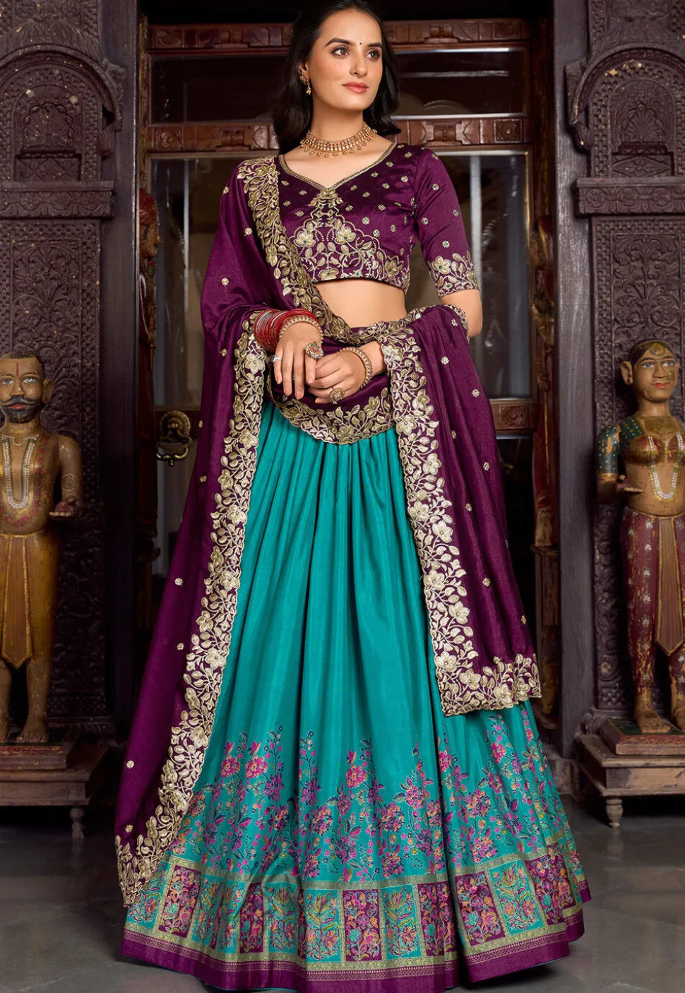 Embroidered Tussar Silk Lehenga in Teal Green