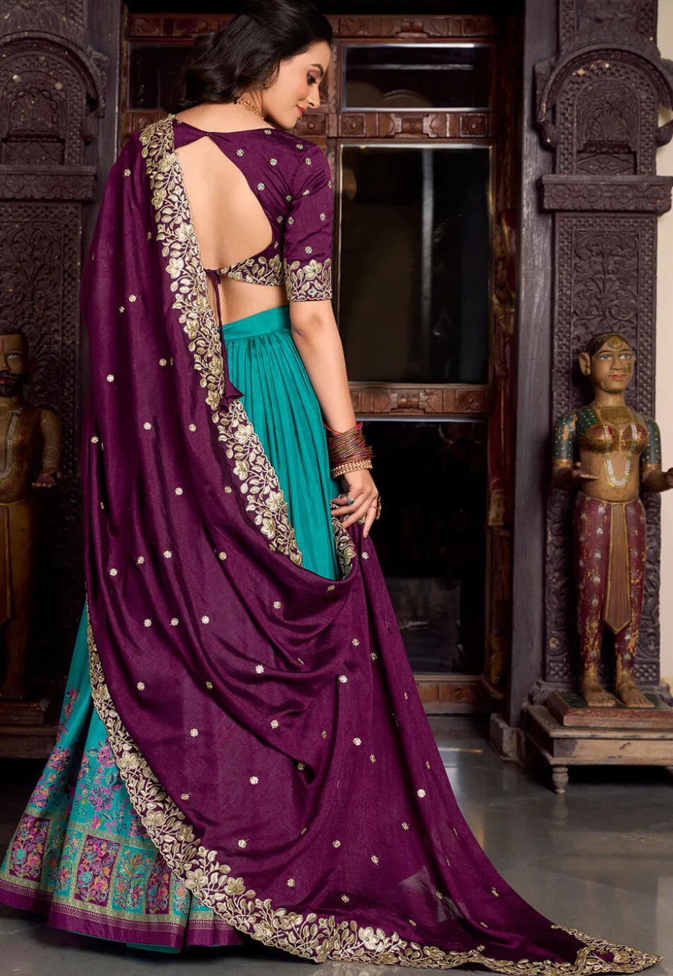 Embroidered Tussar Silk Lehenga in Teal Green