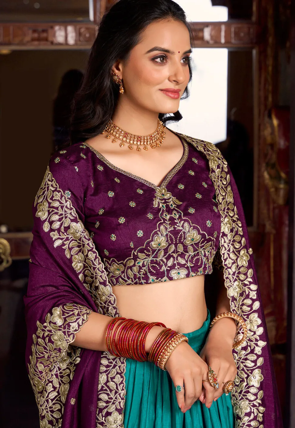 Embroidered Tussar Silk Lehenga in Teal Green