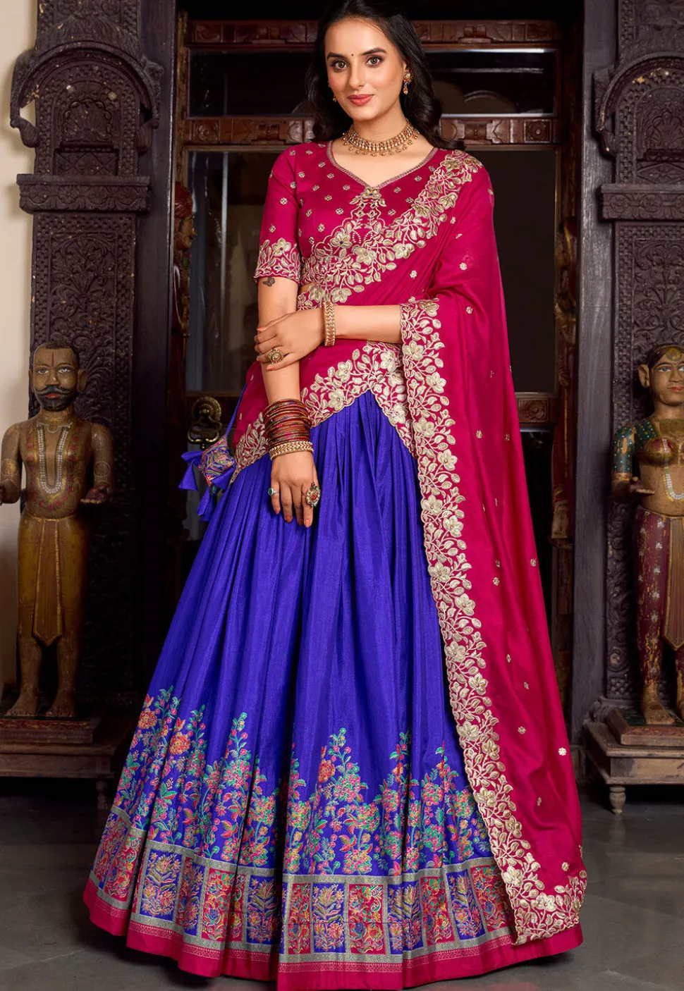 Embroidered Tussar Silk Lehenga in Blue