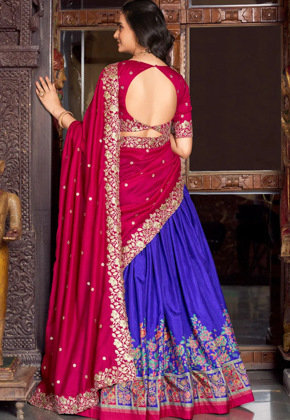 Embroidered Tussar Silk Lehenga in Blue