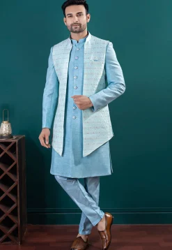 Embroidered Tussar Silk Sherwani in Light Blue