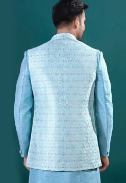 Embroidered Tussar Silk Sherwani in Light Blue