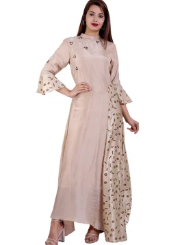 Embroidered Upadda Silk Asymmetric Kurta in Light Fawn