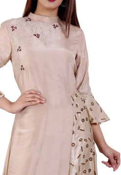 Embroidered Upadda Silk Asymmetric Kurta in Light Fawn