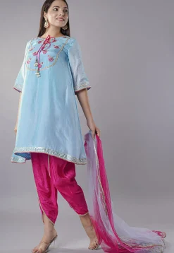 Embroidered Uppada Silk A Line Suit in Sky Blue
