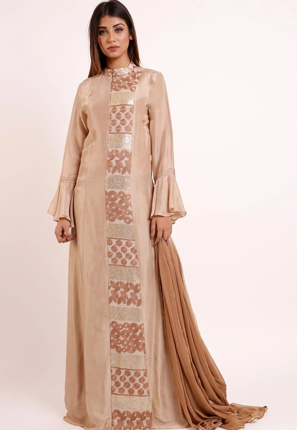 Embroidered Uppada Silk Abaya Style Suit in Light Beige