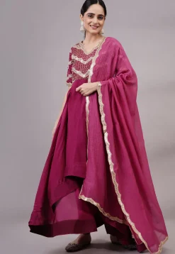 Embroidered Uppada Silk Abaya Style Suit in Magenta