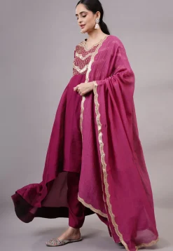 Embroidered Uppada Silk Abaya Style Suit in Magenta