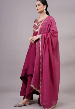 Embroidered Uppada Silk Abaya Style Suit in Magenta