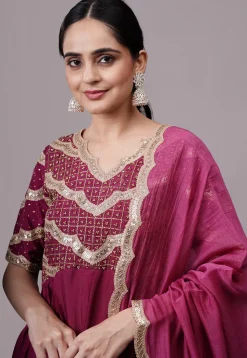 Embroidered Uppada Silk Abaya Style Suit in Magenta