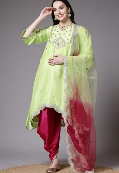 Embroidered Uppada Silk Asymmetric Punjabi Suit in Light Green