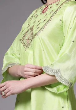 Embroidered Uppada Silk Asymmetric Punjabi Suit in Light Green