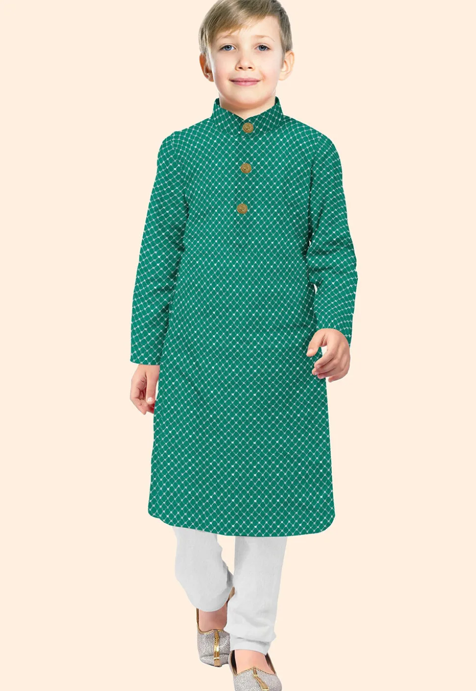 Embroidered Uppada Silk Kurta Set in Teal Green