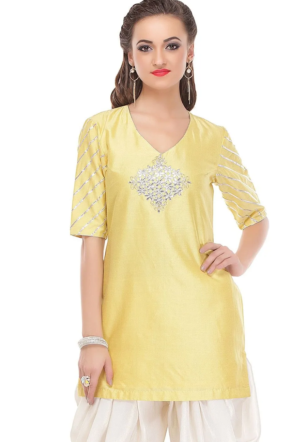 Embroidered Uppada Silk Kurti in Yellow