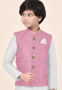 Embroidered Uppada Silk Nehru Jacket in Pink