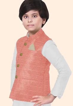 Embroidered Uppada Silk Nehru Jacket in Peach