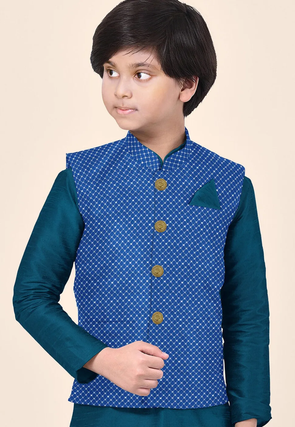 Embroidered Uppada Silk Nehru Jacket in Royal Blue