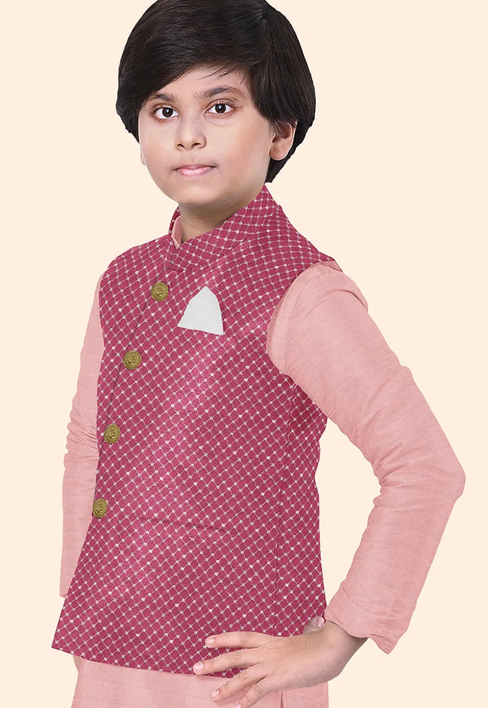 Embroidered Uppada Silk Nehru Jacket in Pink