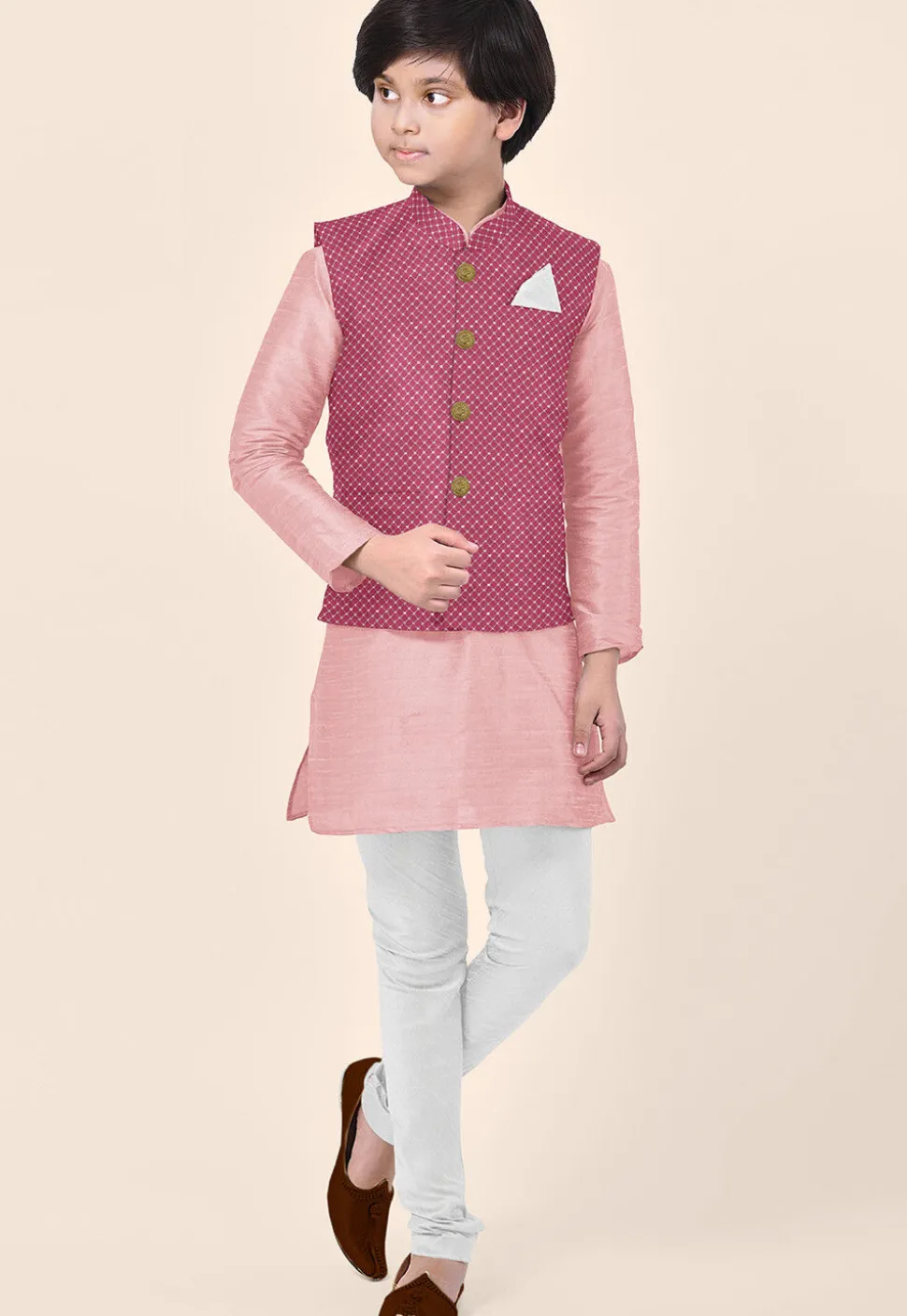 Embroidered Uppada Silk Nehru Jacket in Pink