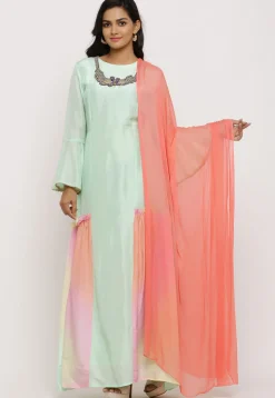Embroidered Uppada Silk Panelled Abaya Style Suit in Green
