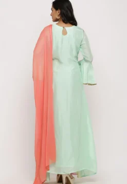 Embroidered Uppada Silk Panelled Abaya Style Suit in Green