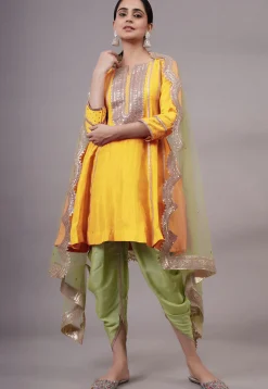 Embroidered Uppada Silk Punjabi Suit in Yellow