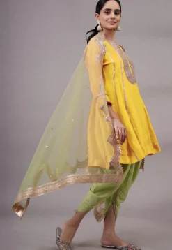Embroidered Uppada Silk Punjabi Suit in Yellow