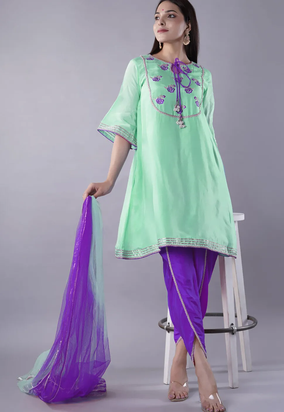 Embroidered Uppada Silk Punjabi Suit in Sea Green