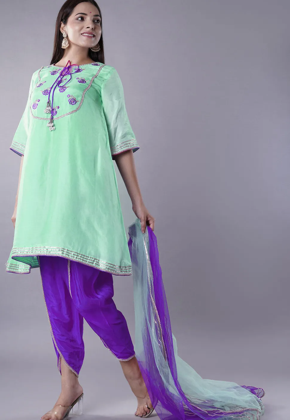 Embroidered Uppada Silk Punjabi Suit in Sea Green