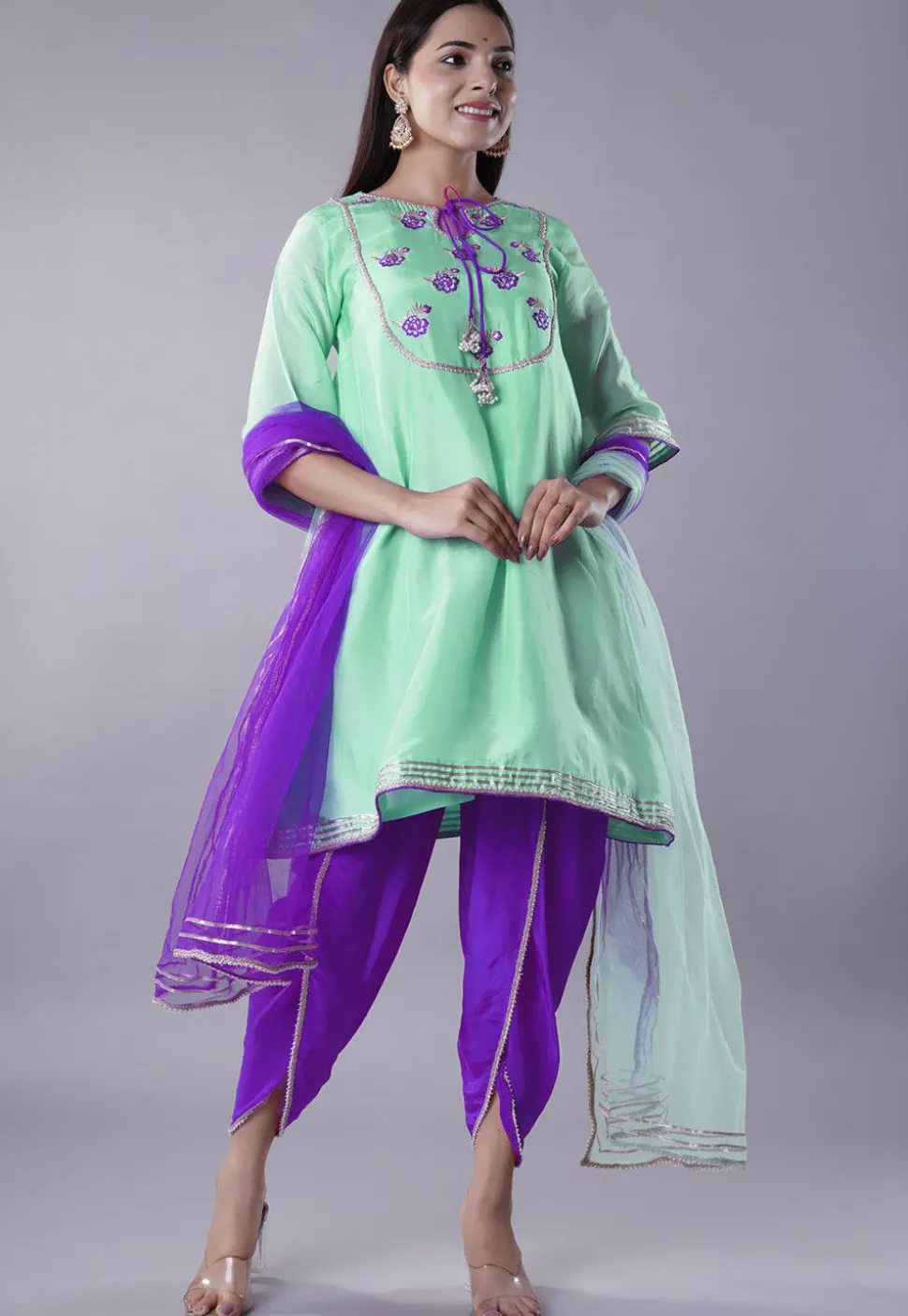 Embroidered Uppada Silk Punjabi Suit in Sea Green