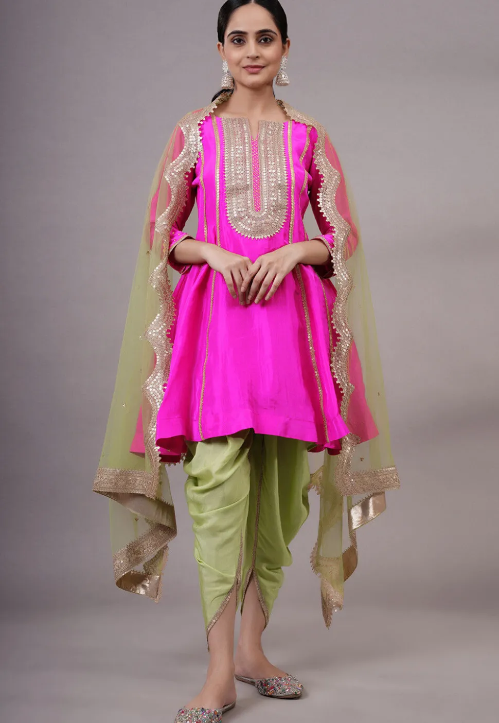 Embroidered Uppada Silk Punjabi Suit in Fuchsia